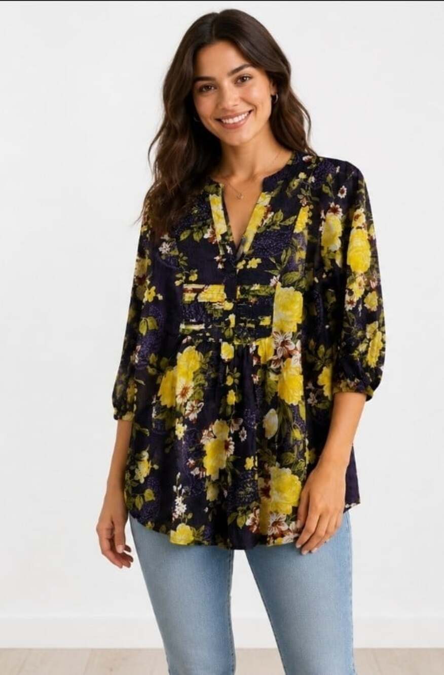 Magazine Floral Design Blouse 1/2 Navy Buttondown Shirt RollTab Sleeves Sz M B15